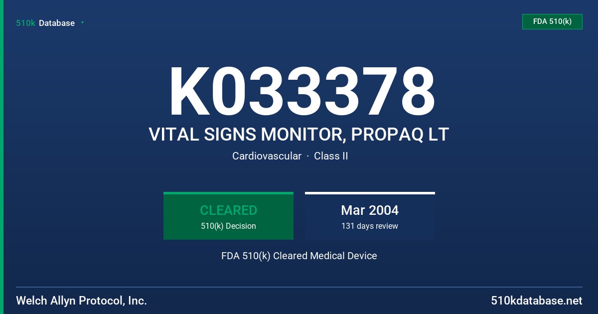 K033378 VITAL SIGNS MONITOR, PROPAQ LT FDA 510(k) Cleared Medical Device