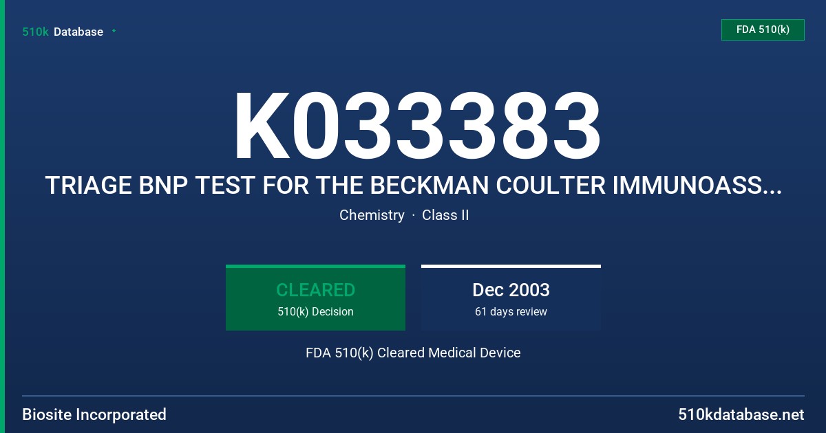 K033383 TRIAGE BNP TEST FOR THE BECKMAN COULTER IMMUNOASSAY SYSTEMS, MODEL CATALOG #98200 FDA 510(k) Cleared Medical Device