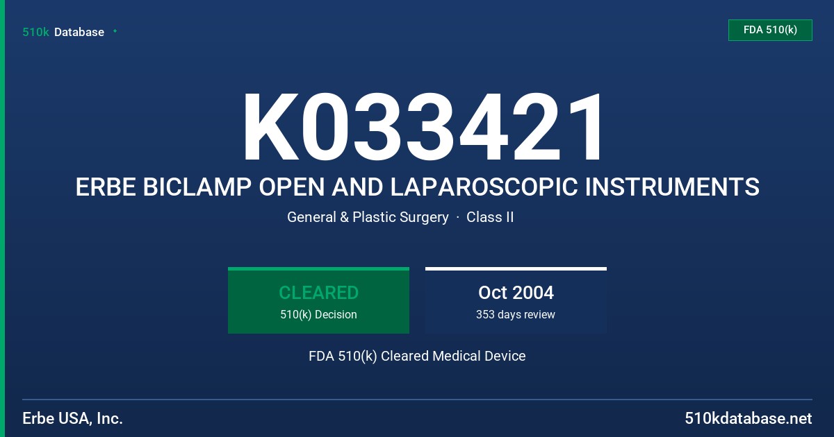 K033421 ERBE BICLAMP OPEN AND LAPAROSCOPIC INSTRUMENTS FDA 510(k) Cleared Medical Device