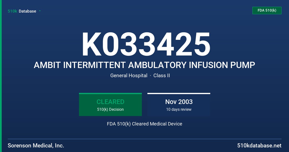 K033425 AMBIT INTERMITTENT AMBULATORY INFUSION PUMP FDA 510(k) Cleared Medical Device