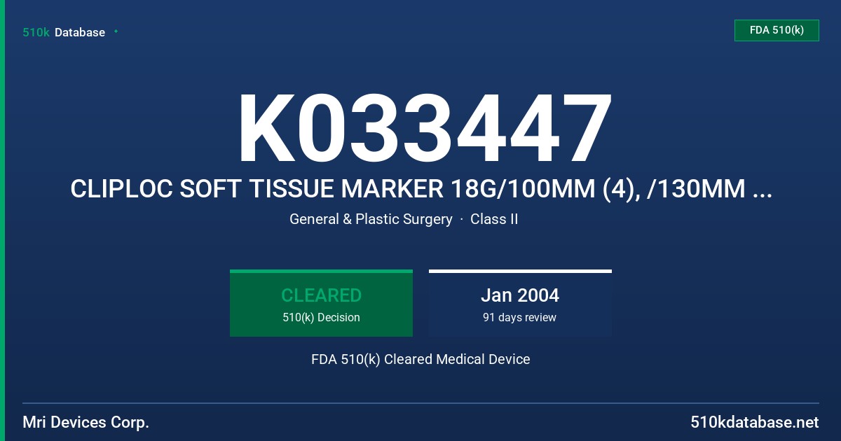 K033447 CLIPLOC SOFT TISSUE MARKER 18G/100MM (4), /130MM (5 1/8), /150MM (6), MODELS 12370, 12372, 12376 FDA 510(k) Cleared Medical Device