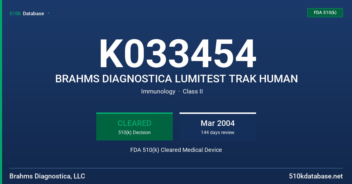 K033454 BRAHMS DIAGNOSTICA LUMITEST TRAK HUMAN FDA 510(k) Cleared Medical Device