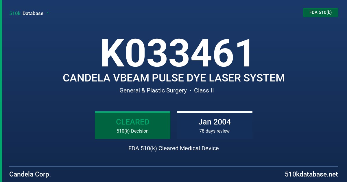 K033461 CANDELA VBEAM PULSE DYE LASER SYSTEM FDA 510(k) Cleared Medical Device