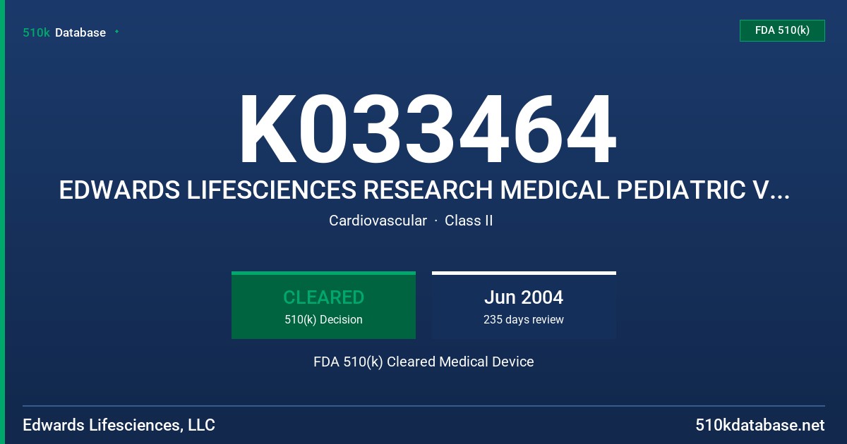 K033464 EDWARDS LIFESCIENCES RESEARCH MEDICAL PEDIATRIC VENOUS RETURN CANNULAE FDA 510(k) Cleared Medical Device