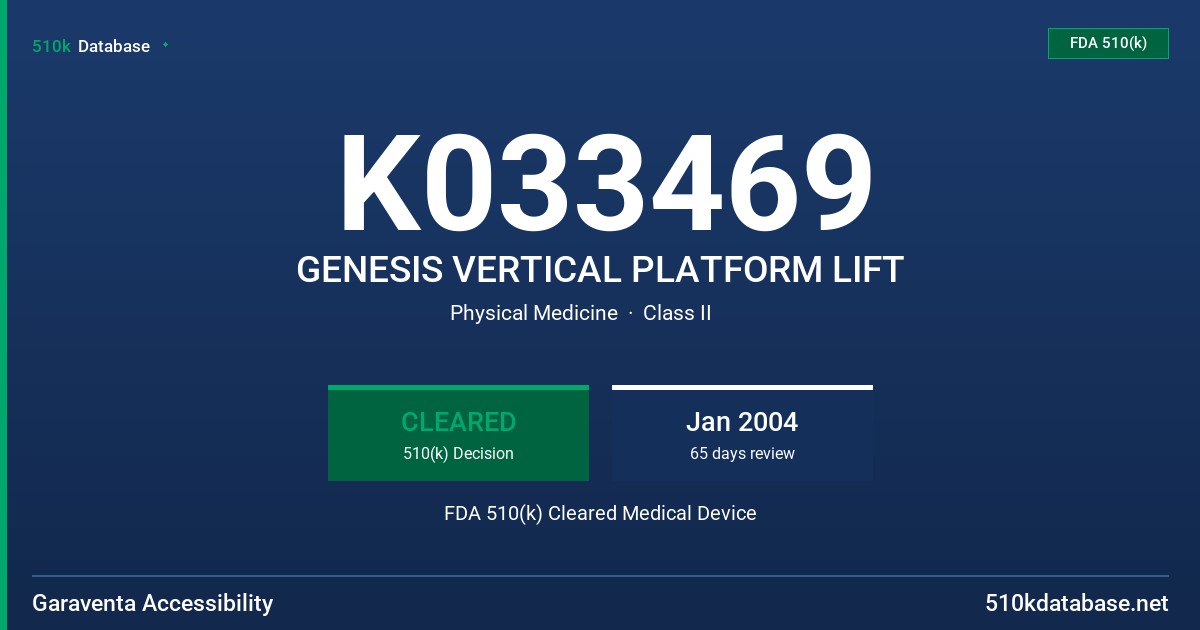 K033469 GENESIS VERTICAL PLATFORM LIFT FDA 510(k) Cleared Medical Device
