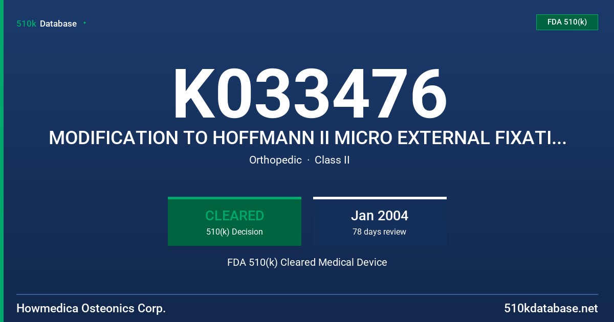 K033476 MODIFICATION TO HOFFMANN II MICRO EXTERNAL FIXATION SYSTEM FDA 510(k) Cleared Medical Device