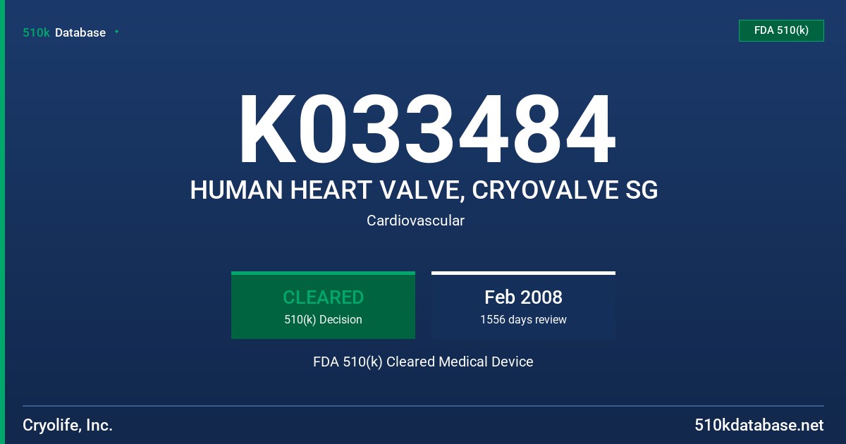 K033484 HUMAN HEART VALVE, CRYOVALVE SG FDA 510(k) Cleared Medical Device