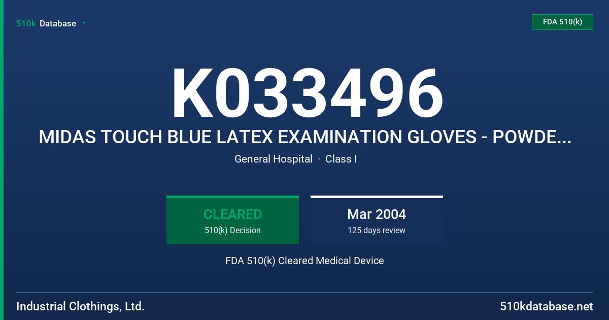K033496 MIDAS TOUCH BLUE LATEX EXAMINATION GLOVES - POWDER FREE FOR CHEMOTHERAPY USE FDA 510(k) Cleared Medical Device