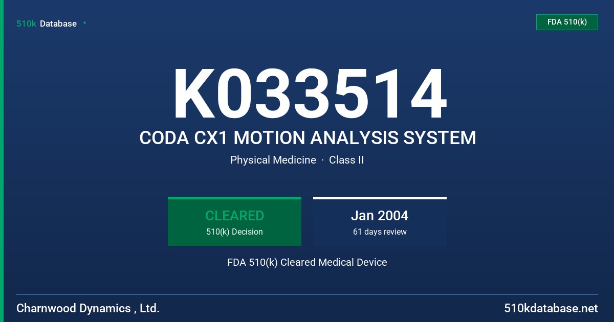 K033514 CODA CX1 MOTION ANALYSIS SYSTEM FDA 510(k) Cleared Medical Device
