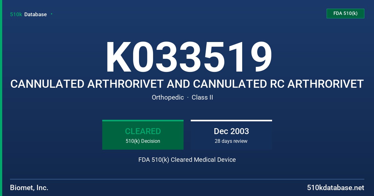 K033519 CANNULATED ARTHRORIVET AND CANNULATED RC ARTHRORIVET FDA 510(k) Cleared Medical Device