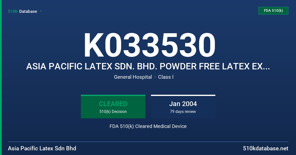 K033530 ASIA PACIFIC LATEX SDN. BHD. POWDER FREE LATEX EXAMINATION GLOVES FDA 510(k) Cleared Medical Device