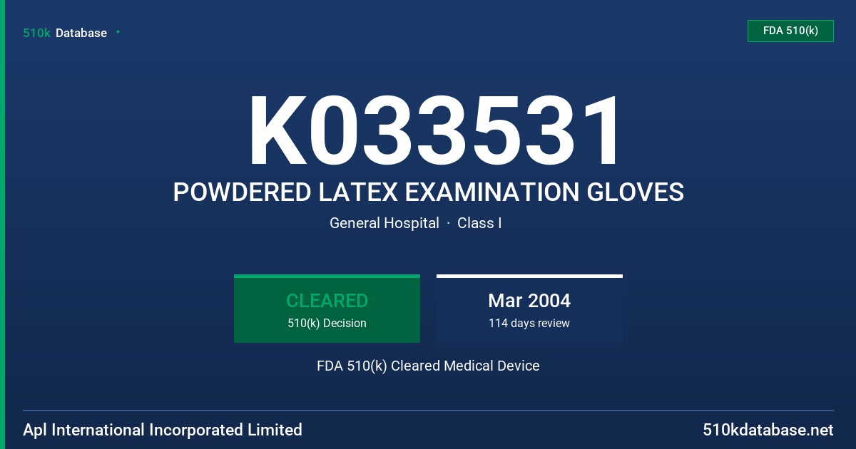 K033531 POWDERED LATEX EXAMINATION GLOVES FDA 510(k) Cleared Medical Device