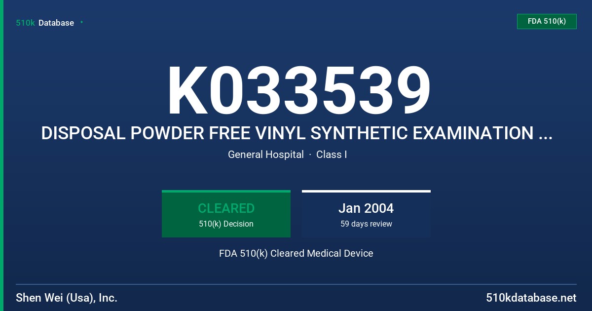 K033539 DISPOSAL POWDER FREE VINYL SYNTHETIC EXAMINATION GLOVES, GREEN COLOR FDA 510(k) Cleared Medical Device