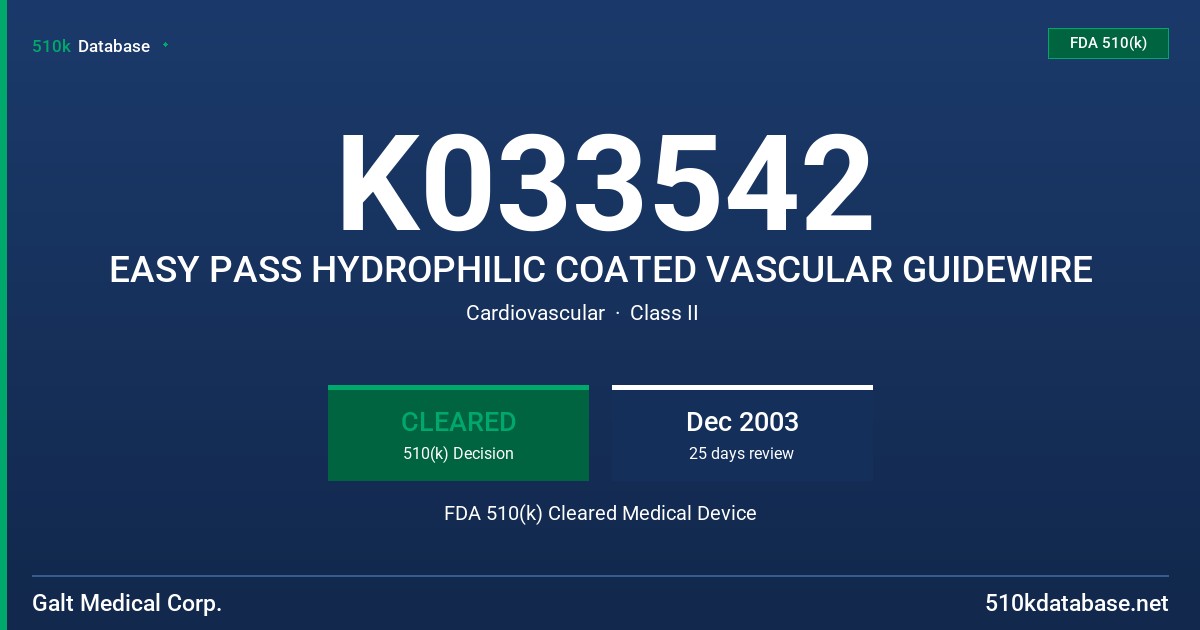 K033542 EASY PASS HYDROPHILIC COATED VASCULAR GUIDEWIRE FDA 510(k) Cleared Medical Device