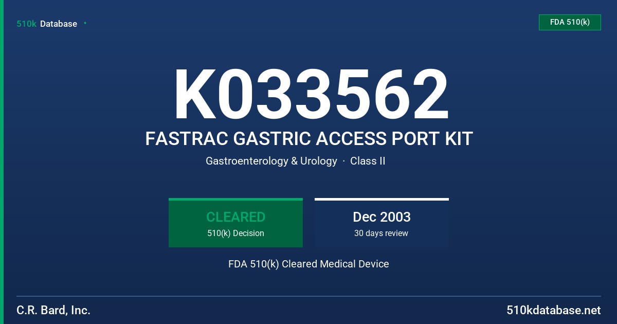 K033562 FASTRAC GASTRIC ACCESS PORT KIT FDA 510(k) Cleared Medical Device