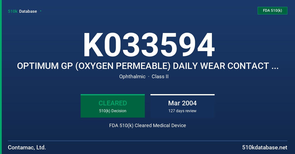 K033594 OPTIMUM GP (OXYGEN PERMEABLE) DAILY WEAR CONTACT LENSES FDA 510(k) Cleared Medical Device