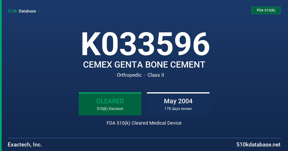 K033596 CEMEX GENTA BONE CEMENT FDA 510(k) Cleared Medical Device