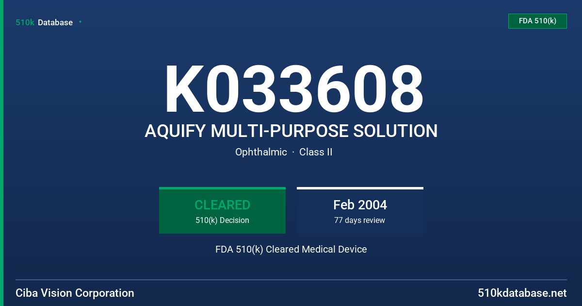 K033608 AQUIFY MULTI-PURPOSE SOLUTION FDA 510(k) Cleared Medical Device