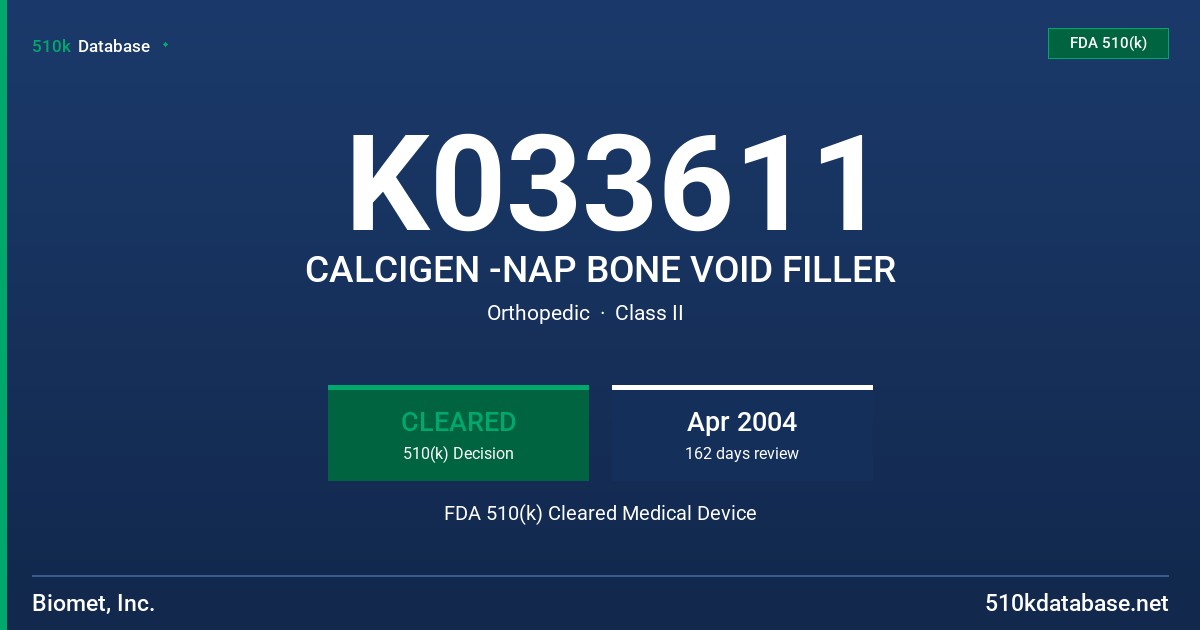 K033611 CALCIGEN -NAP BONE VOID FILLER FDA 510(k) Cleared Medical Device