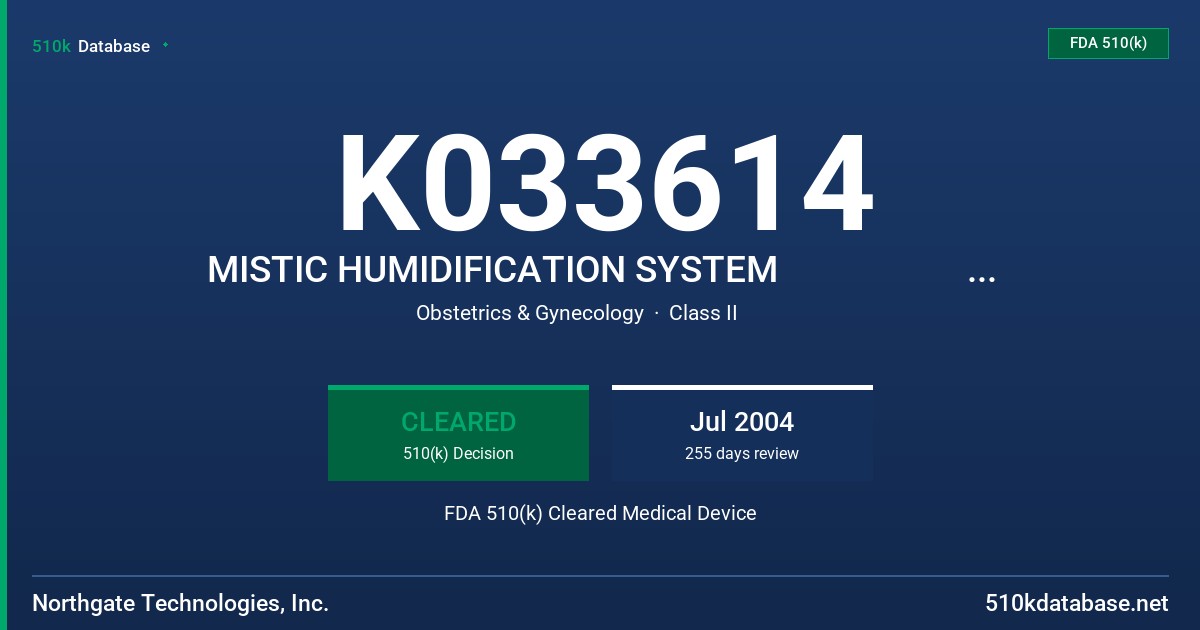 K033614 MISTIC HUMIDIFICATION SYSTEM                                            850-00/01/02, 2215 FDA 510(k) Cleared Medical Device