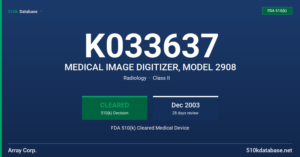 K033637 MEDICAL IMAGE DIGITIZER, MODEL 2908 FDA 510(k) Cleared Medical Device
