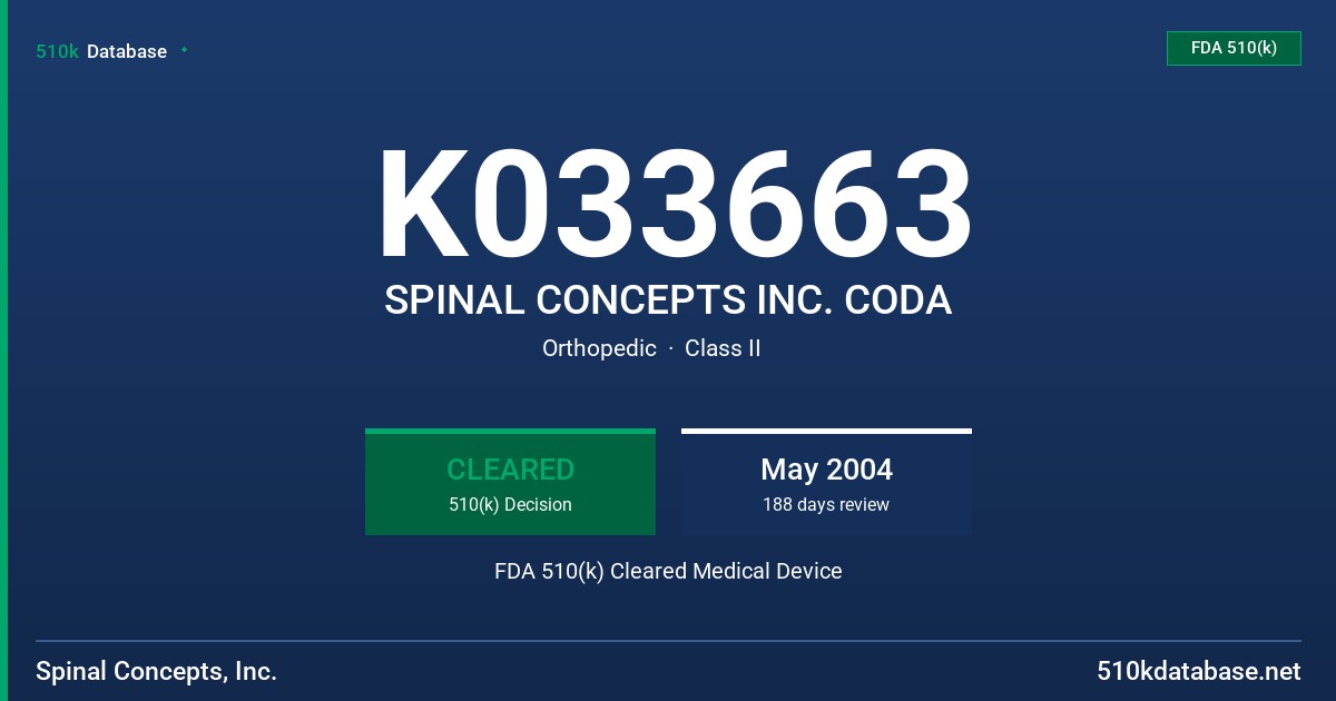 K033663 SPINAL CONCEPTS INC. CODA FDA 510(k) Cleared Medical Device