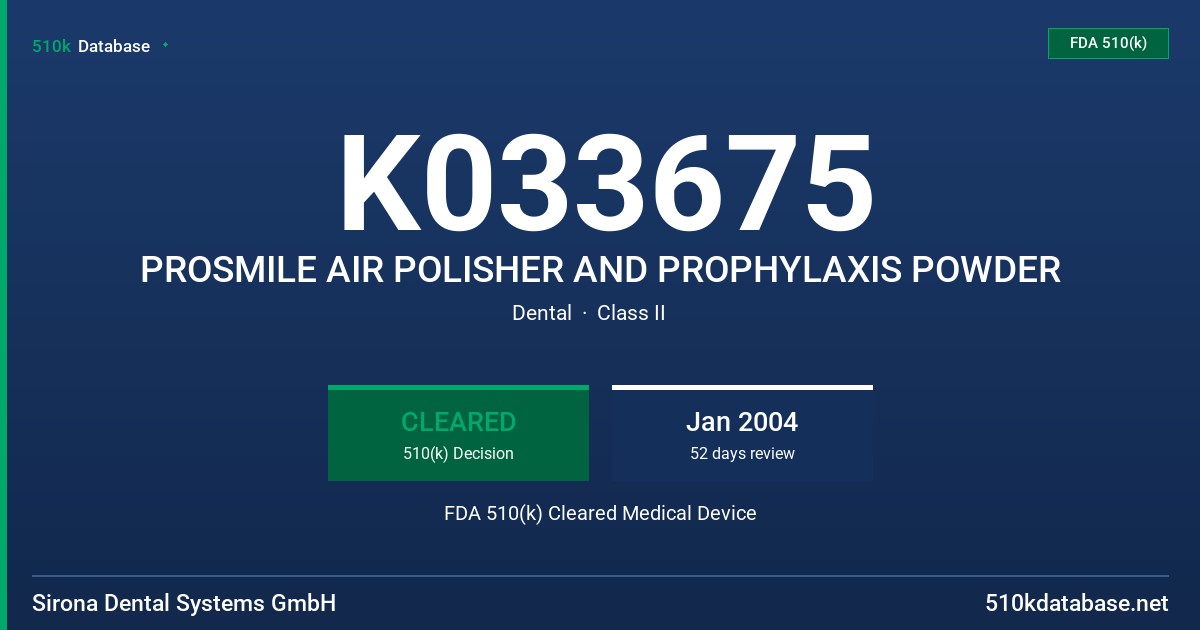 K033675 PROSMILE AIR POLISHER AND PROPHYLAXIS POWDER FDA 510(k) Cleared Medical Device