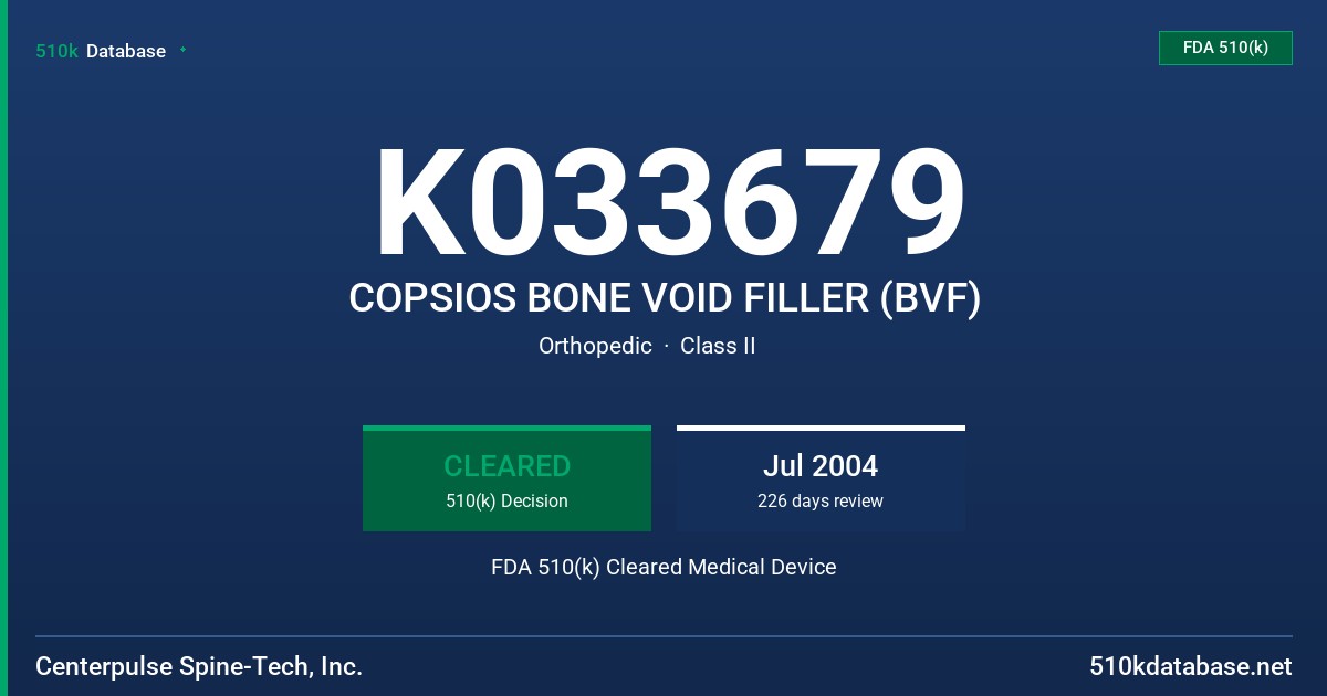 K033679 COPSIOS BONE VOID FILLER (BVF) FDA 510(k) Cleared Medical Device