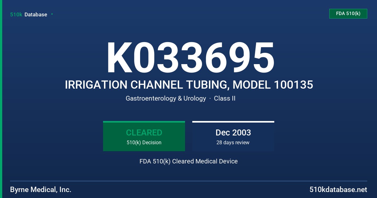K033695 IRRIGATION CHANNEL TUBING, MODEL 100135 FDA 510(k) Cleared Medical Device