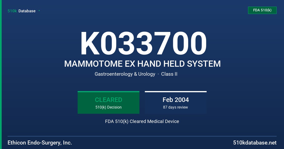 K033700 MAMMOTOME EX HAND HELD SYSTEM FDA 510(k) Cleared Medical Device