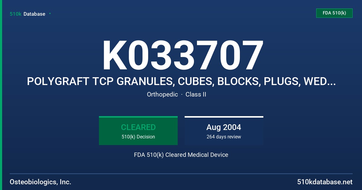 K033707 POLYGRAFT TCP GRANULES, CUBES, BLOCKS, PLUGS, WEDGES, MODELS 600-023-XX, 600-025-XX, 600-026-XX, 600-022-XX, 600-027-XX FDA 510(k) Cleared Medical Device