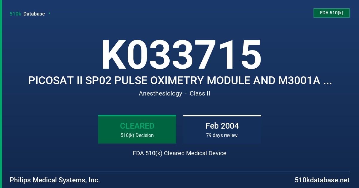 K033715 PICOSAT II SP02 PULSE OXIMETRY MODULE AND M3001A MULTI-MEASUREMENT SERVER FDA 510(k) Cleared Medical Device
