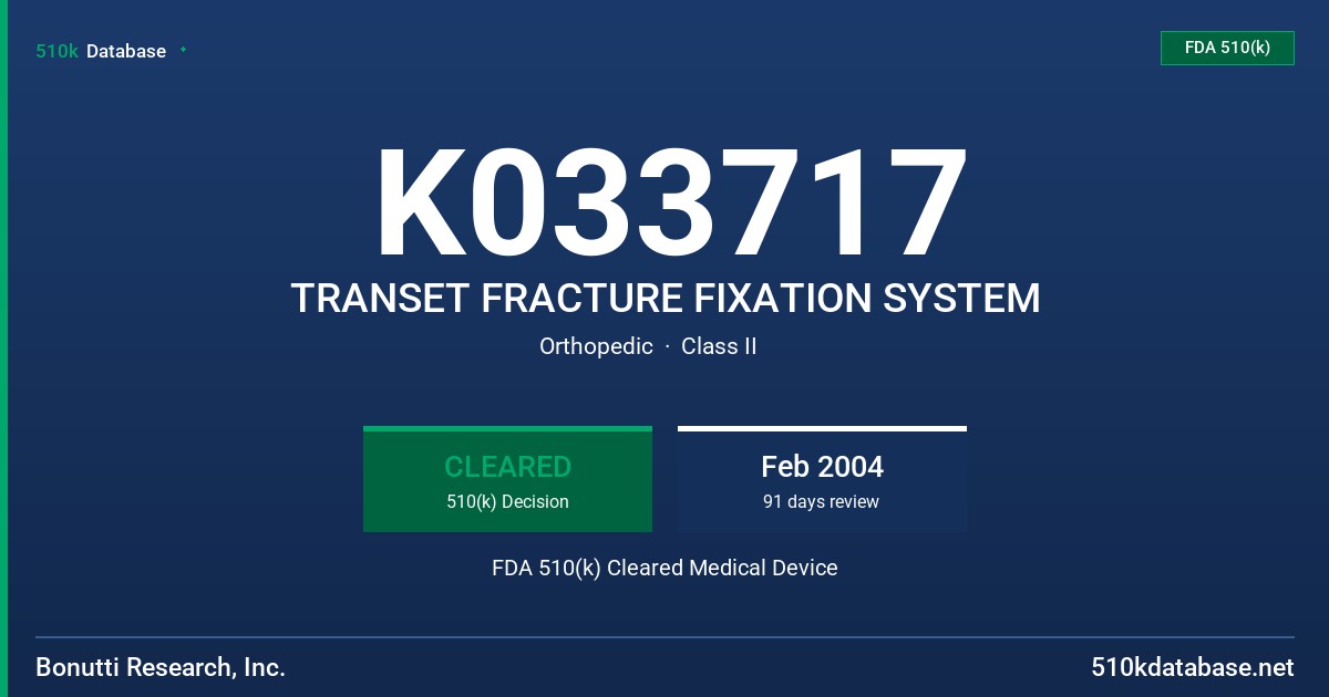 K033717 TRANSET FRACTURE FIXATION SYSTEM FDA 510(k) Cleared Medical Device