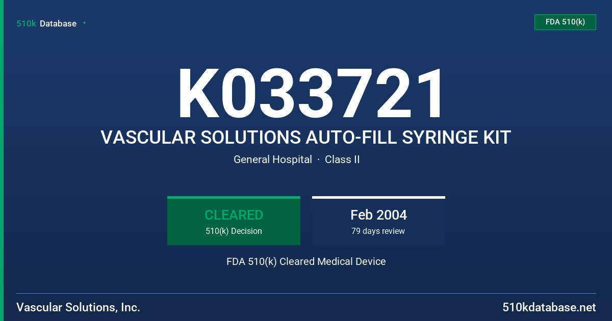 K033721 VASCULAR SOLUTIONS AUTO-FILL SYRINGE KIT FDA 510(k) Cleared Medical Device