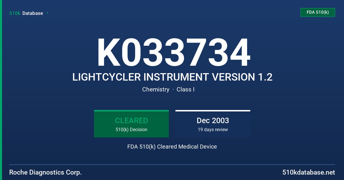 K033734 LIGHTCYCLER INSTRUMENT VERSION 1.2 FDA 510(k) Cleared Medical Device