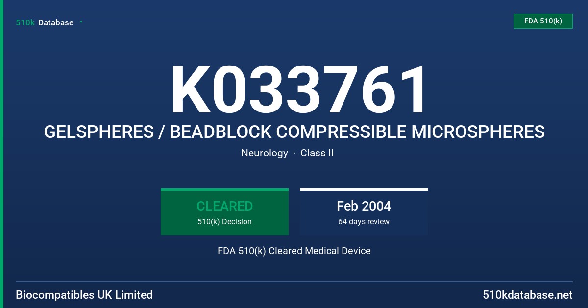 K033761 GELSPHERES / BEADBLOCK COMPRESSIBLE MICROSPHERES FDA 510(k) Cleared Medical Device