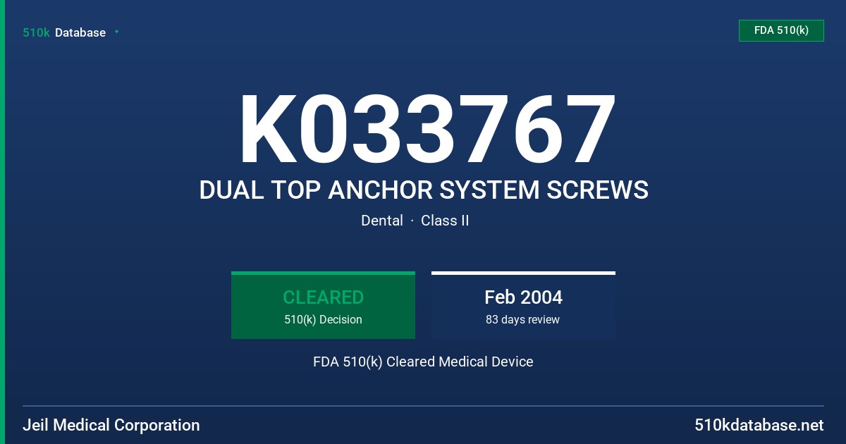 K033767 DUAL TOP ANCHOR SYSTEM SCREWS FDA 510(k) Cleared Medical Device