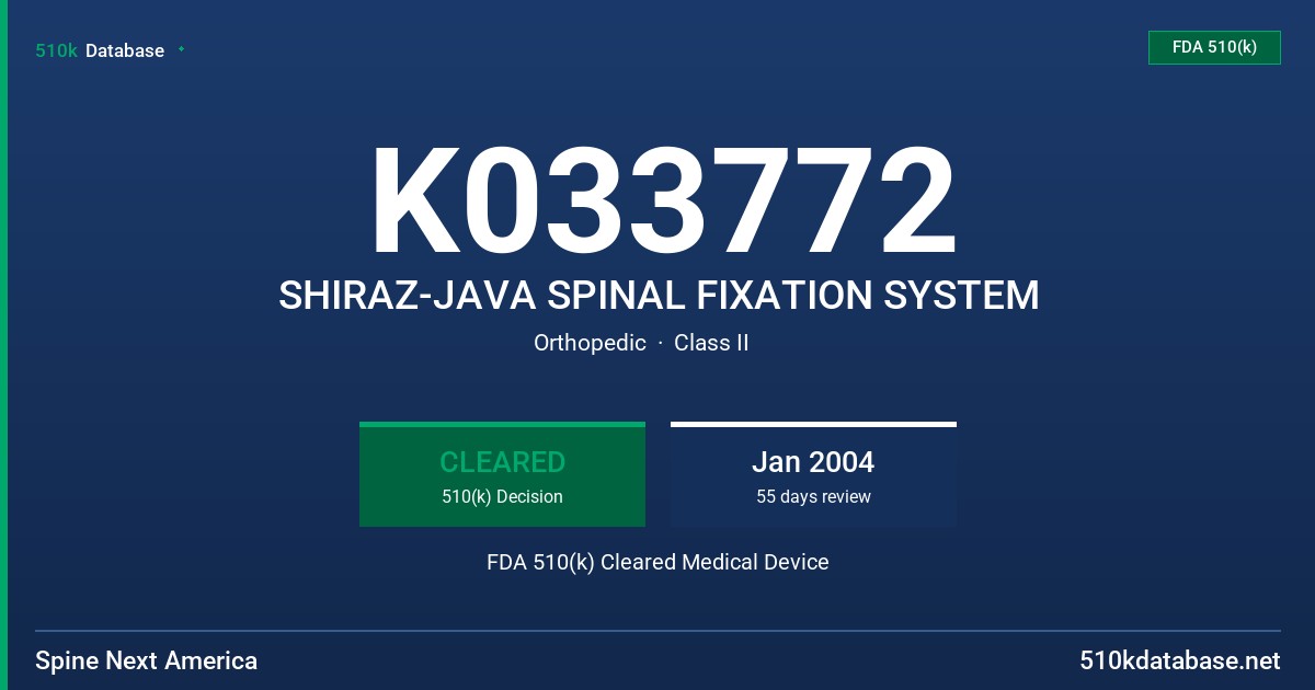 K033772 SHIRAZ-JAVA SPINAL FIXATION SYSTEM FDA 510(k) Cleared Medical Device