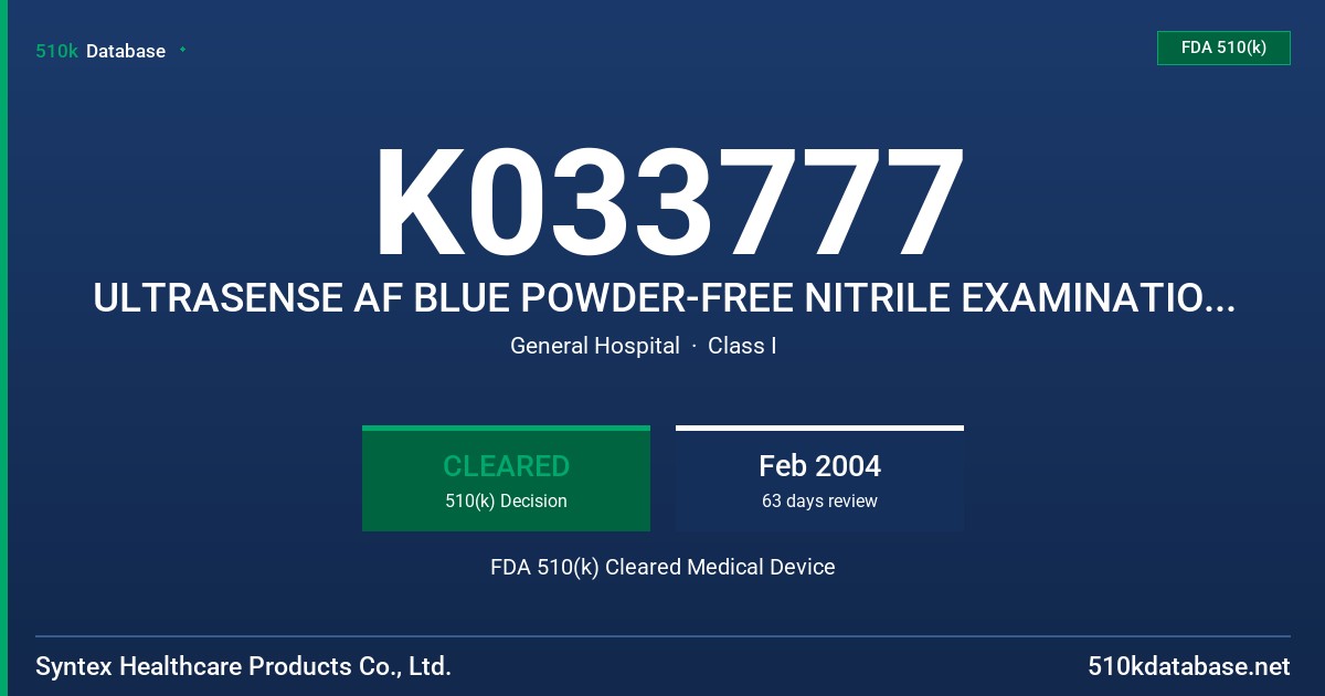 K033777 ULTRASENSE AF BLUE POWDER-FREE NITRILE EXAMINATION GLOVES FDA 510(k) Cleared Medical Device