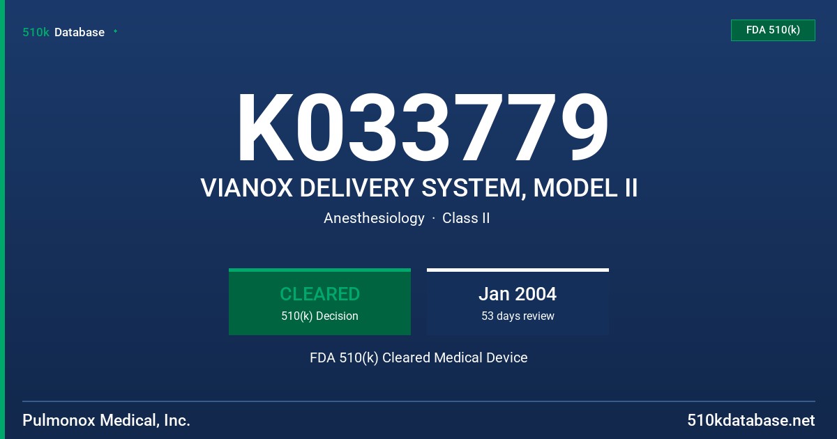 K033779 VIANOX DELIVERY SYSTEM, MODEL II FDA 510(k) Cleared Medical Device