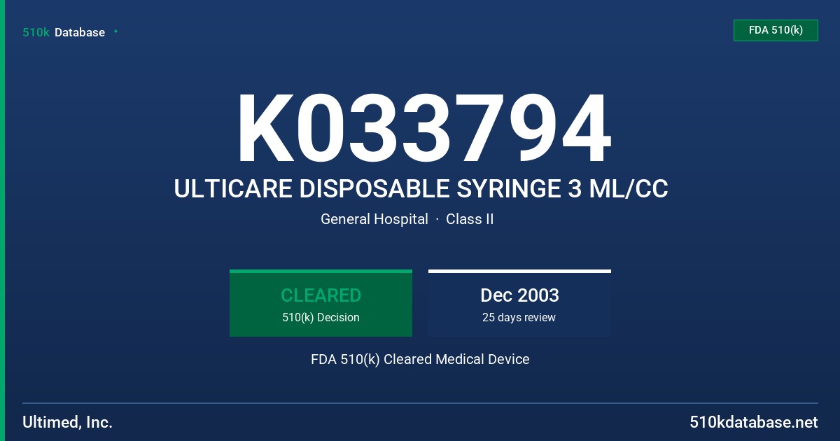 K033794 ULTICARE DISPOSABLE SYRINGE 3 ML/CC FDA 510(k) Cleared Medical Device