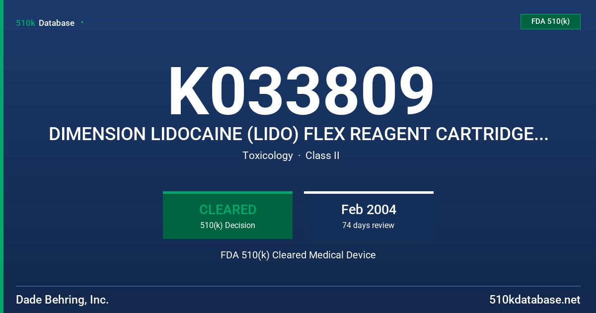 K033809 DIMENSION LIDOCAINE (LIDO) FLEX REAGENT CARTRIDGE METHOD, DIMENSION DRUG CALIBRATOR II, MODELS DF113. DC49D FDA 510(k) Cleared Medical Device