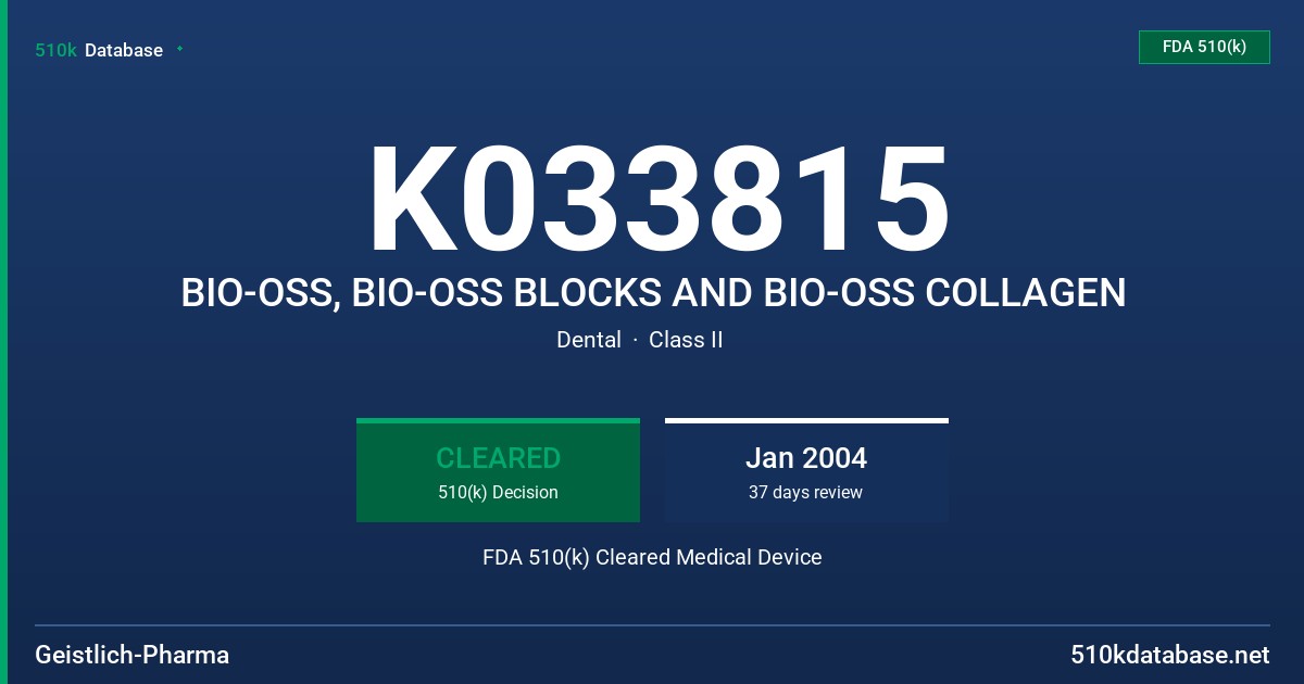 K033815 BIO-OSS, BIO-OSS BLOCKS AND BIO-OSS COLLAGEN FDA 510(k) Cleared Medical Device