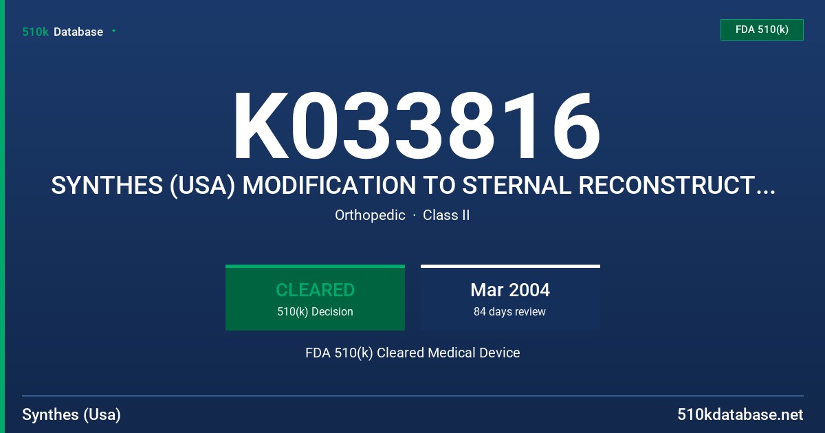 K033816 SYNTHES (USA) MODIFICATION TO STERNAL RECONSTRUCTION SYSTEM FDA 510(k) Cleared Medical Device