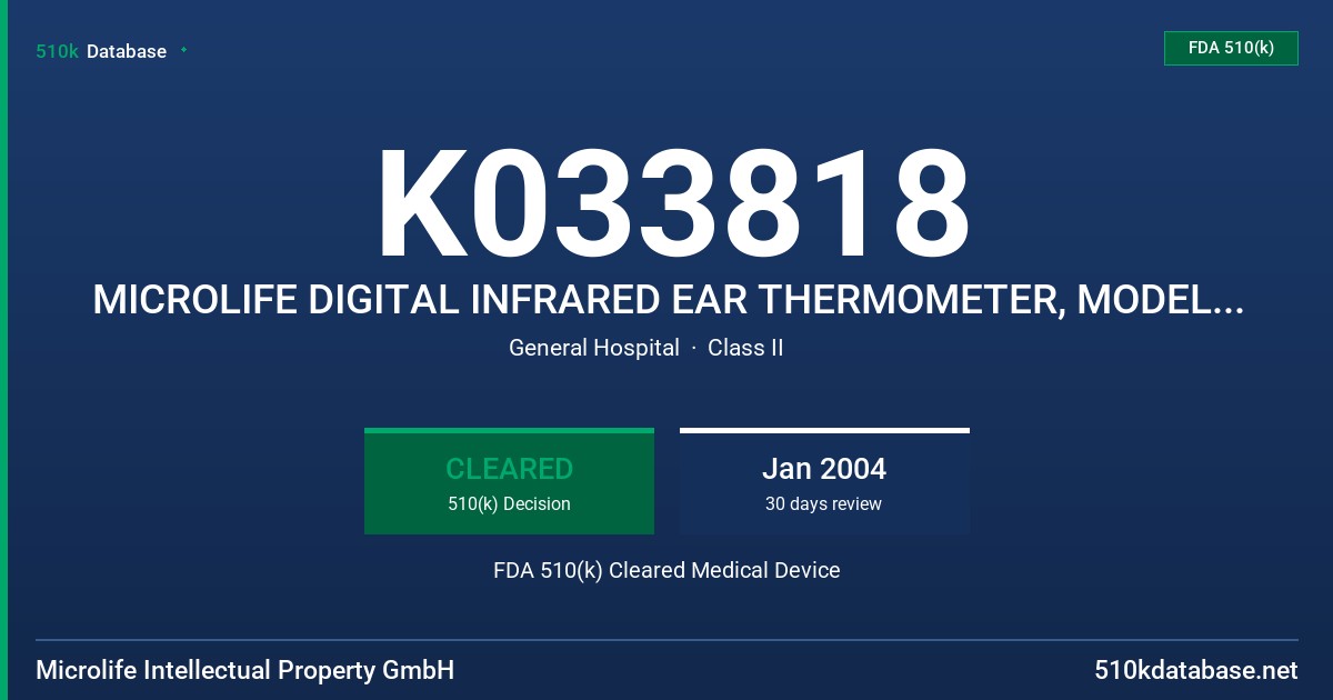 K033818 MICROLIFE DIGITAL INFRARED EAR THERMOMETER, MODELS IR1DC1/V971, IR1DG1/SKU4289, IR1DH1/SKU4290 FDA 510(k) Cleared Medical Device