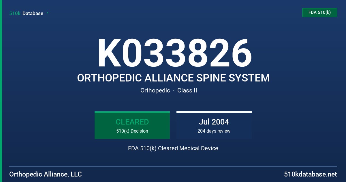 K033826 ORTHOPEDIC ALLIANCE SPINE SYSTEM FDA 510(k) Cleared Medical Device