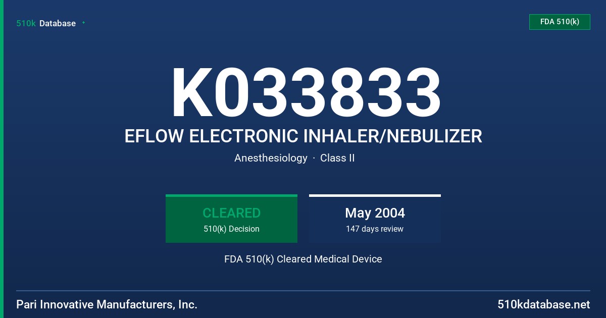 K033833 EFLOW ELECTRONIC INHALER/NEBULIZER FDA 510(k) Cleared Medical Device