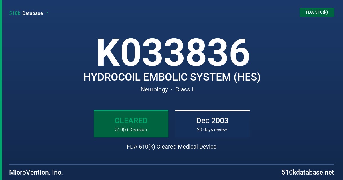 K033836 HYDROCOIL EMBOLIC SYSTEM (HES) FDA 510(k) Cleared Medical Device
