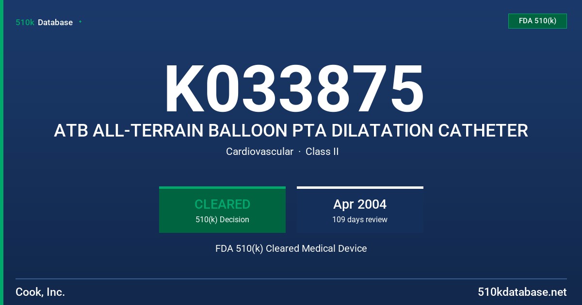 K033875 ATB ALL-TERRAIN BALLOON PTA DILATATION CATHETER FDA 510(k) Cleared Medical Device