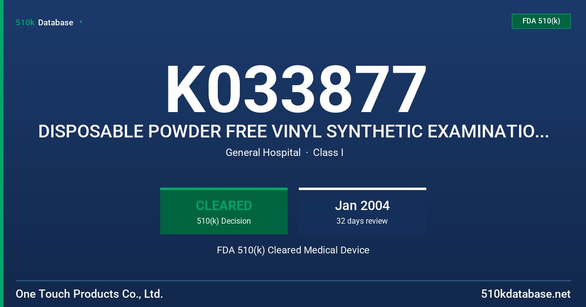 K033877 DISPOSABLE POWDER FREE VINYL SYNTHETIC EXAMINATION GLOVE, WHITE COLOR FDA 510(k) Cleared Medical Device